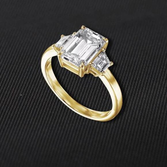 1.5 Ct Moissanite Engagement Ring Three Stone Emerald Cut 18k Gold Plated 6 NWT - Picture 1 of 8